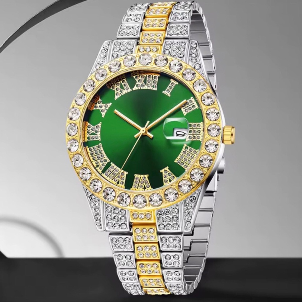 Elegant Green Crystal Accent Women's Watch - Two-Tone